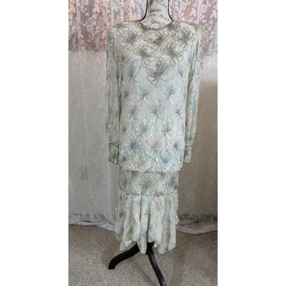 Vintage Fieri Beaded Sequin Lace Drop Waist Set Pastel Floral Formal Skirt Suit